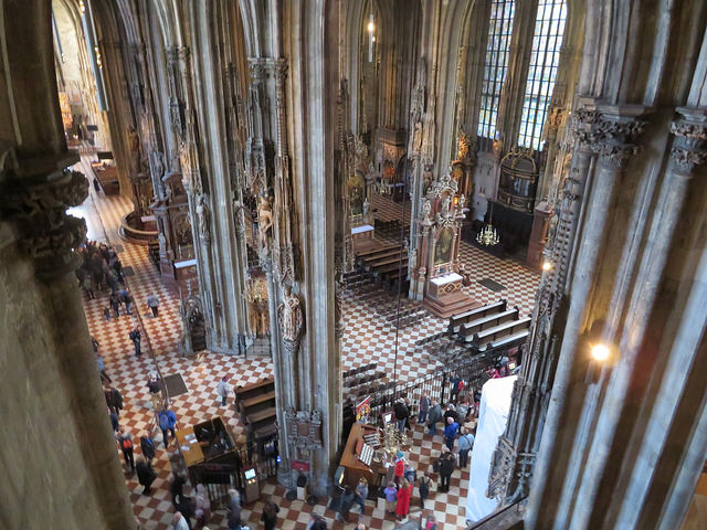 Vienna cathedral Whote and brown tiled floor, long columns