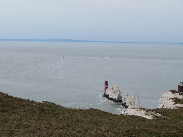 The Needles, from hill above. Whote chalk pillars in the sea