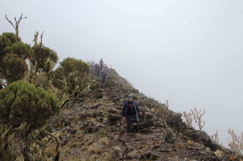 The ridge line up to Cathedral Peak, view obscured with mist and clouds. 