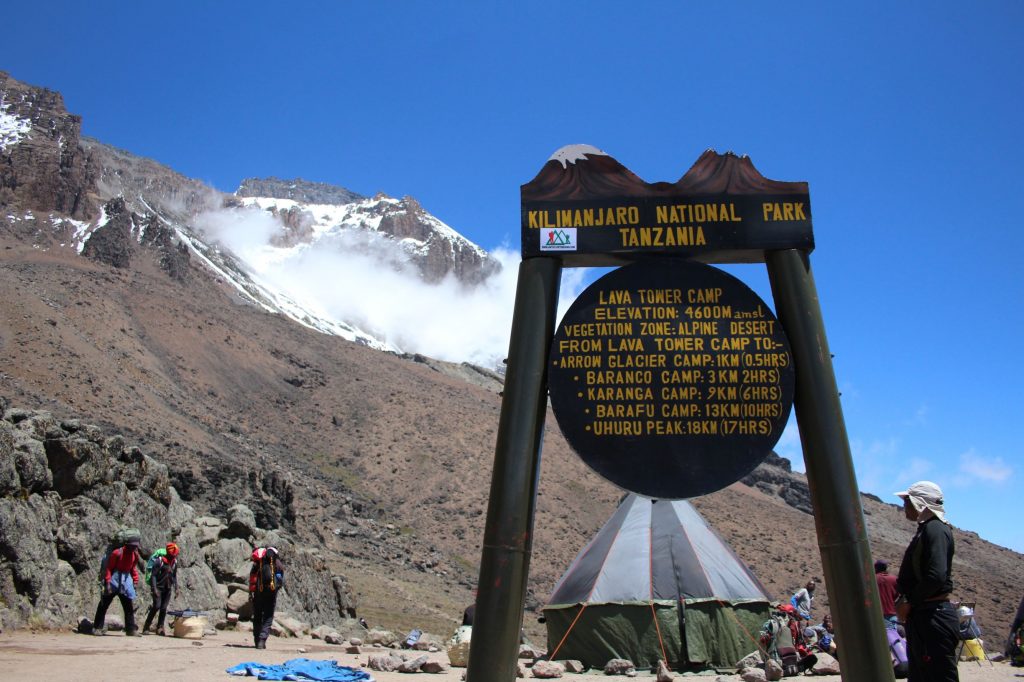 Lava tower Camp sign, detailing distances to next camps, with Kibo slopes behind