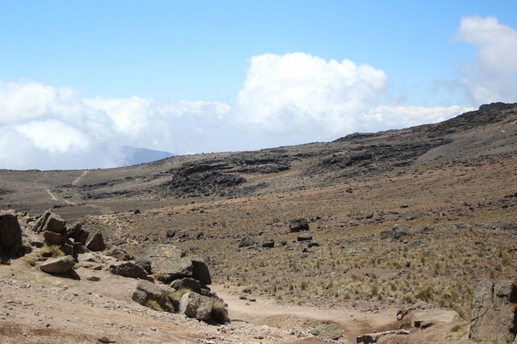 Dry and dusty path leading across a brown slope