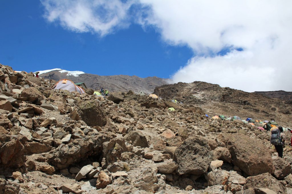 Looking up the path out of Barafu camp, with trekkers slowly heading downhill