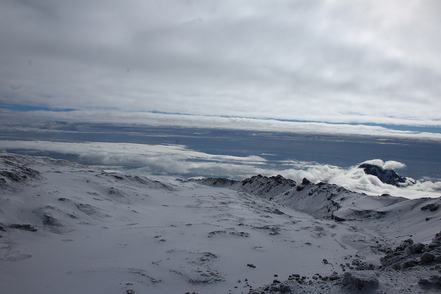 Snow and glaciers on the top of the mountain, Looking out across the clouds,