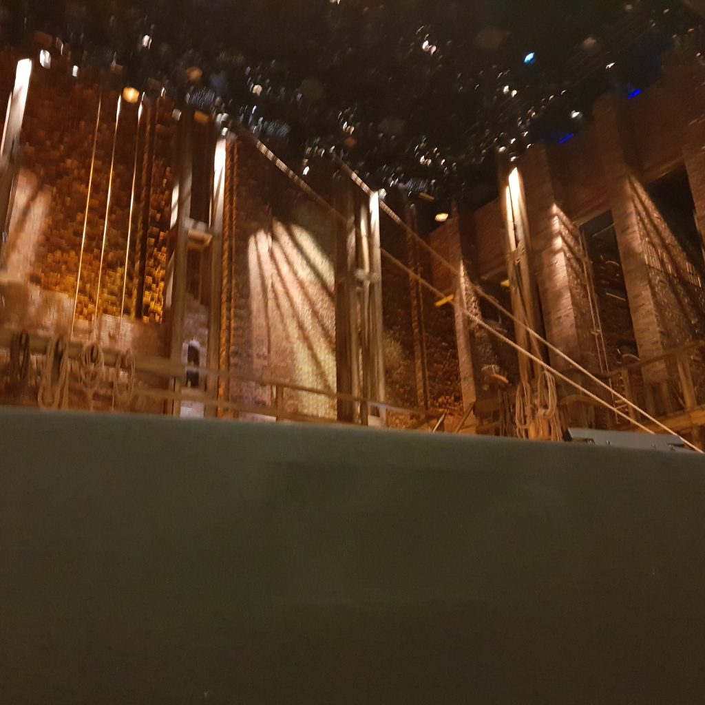 A view from the stage from the front row of Hamilton, empty s it's before the show starts