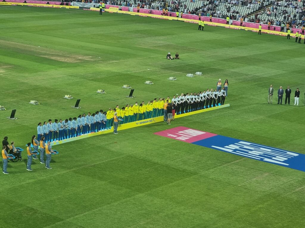 From the balcony,the medal ceremony at the podium for the T20 cricket, with New Zealand, India and Australia in Bronze, Silver and Gold. 