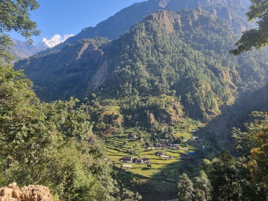 Green covered mountains, with a farm and village in the centre, with layered fields for rice